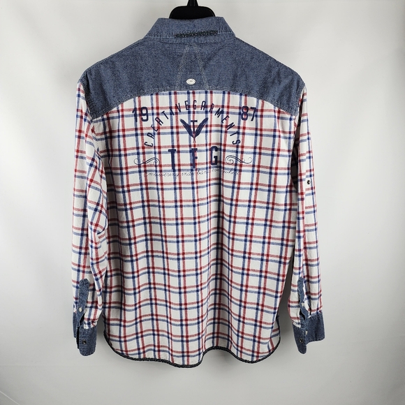 TFG Creative Garments Western Shirt Mens XL Plaid Pearl Snap Red White Blue - Picture 2 of 8